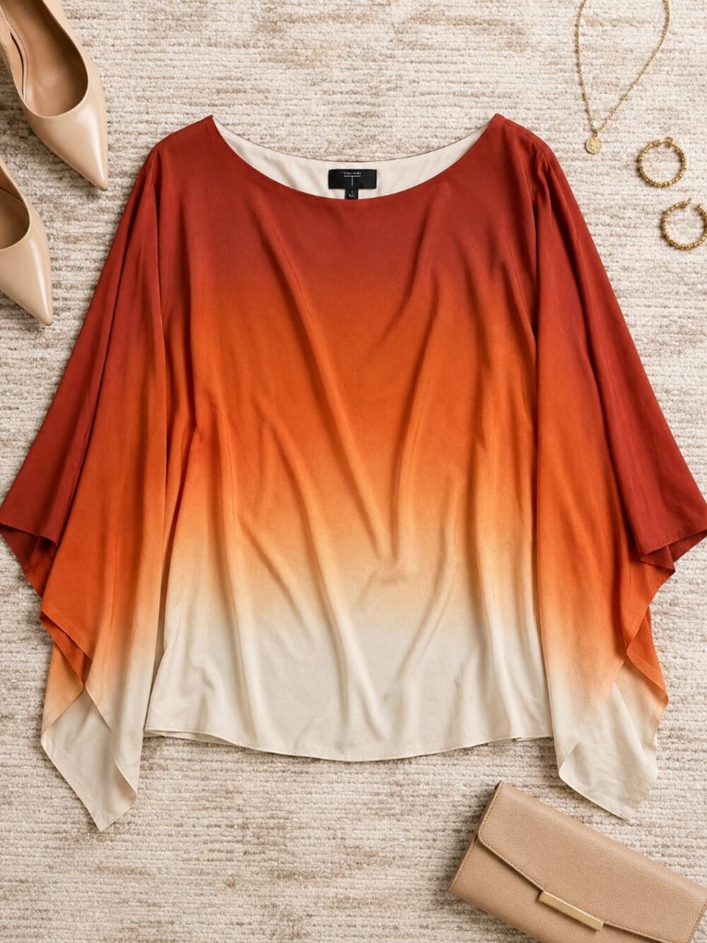 T Tahari Orange Ombre Sunset Drape Sleeve Top Size XL NWT Vacation
